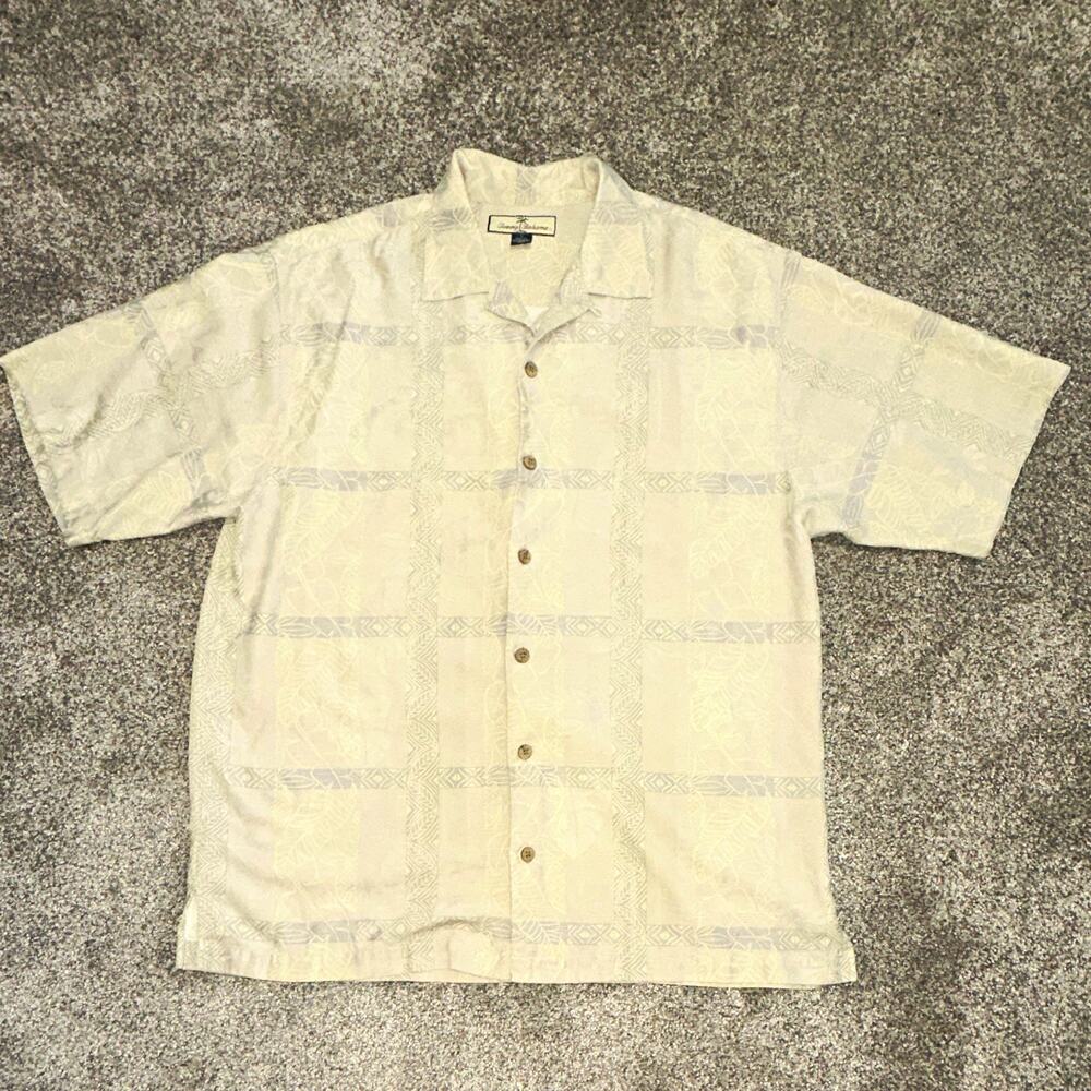 Tommy Bahama Men's Medium 100% Silk Geometric Beige Short Sleeve Shirt